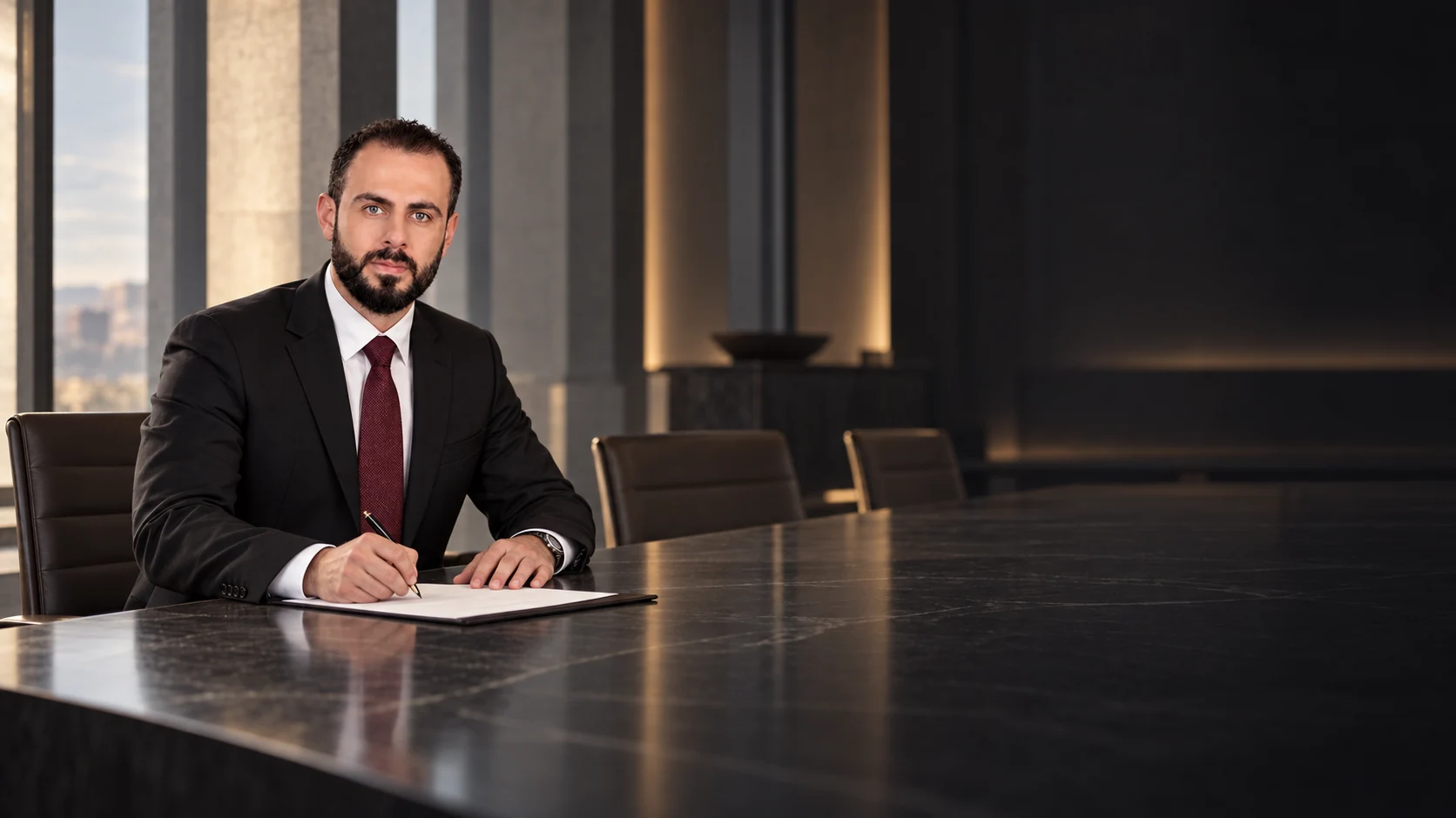 عبيدة عبد الباقي جالس في قاعة اجتماعات يوقّع مستنداً